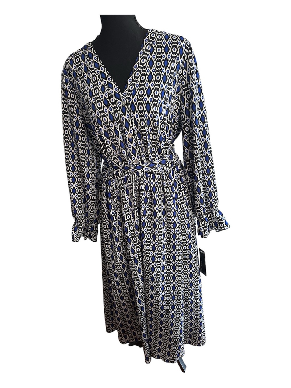 Stella & Julie Blue Geometric Print Tie Waist Dress | Size 12